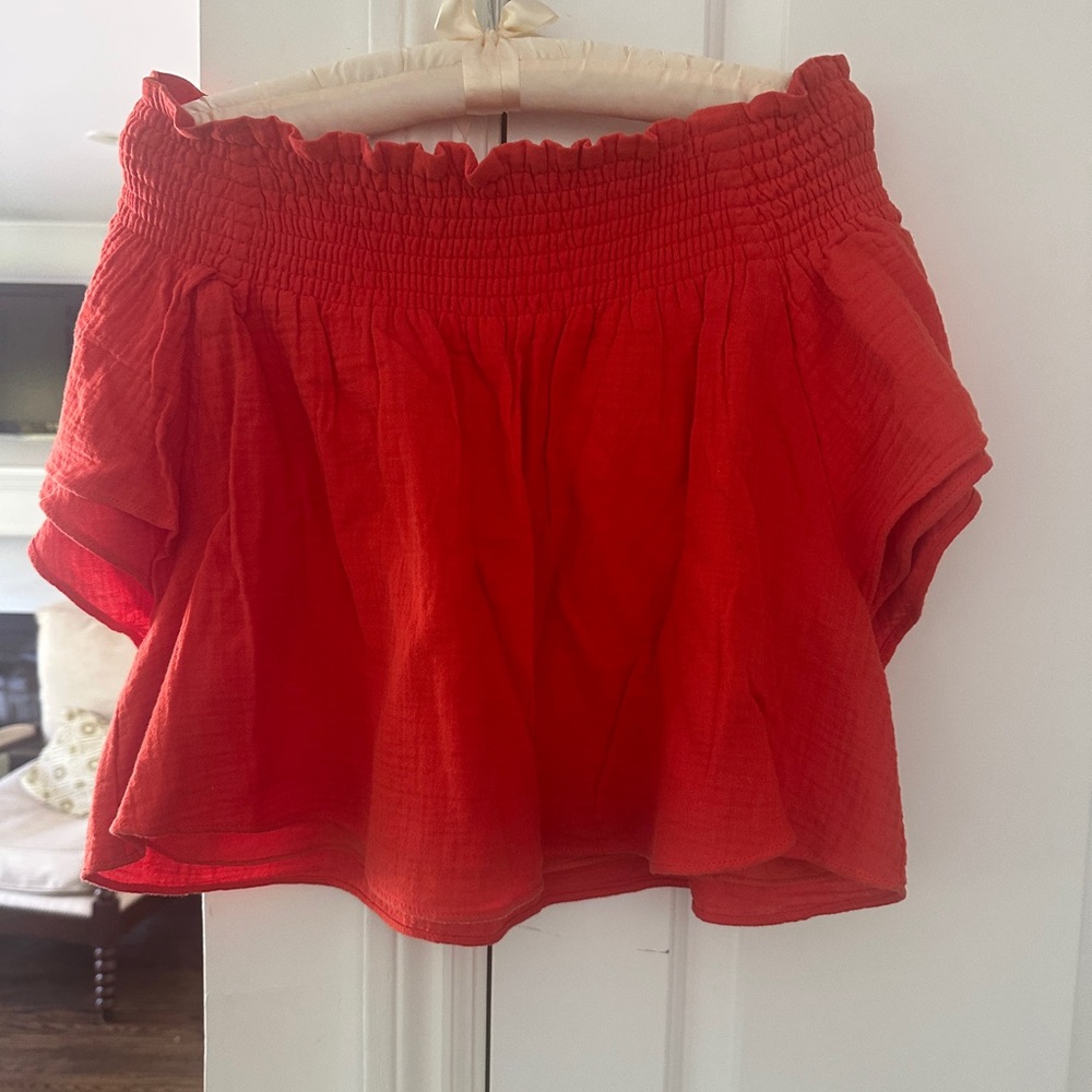 Vibrant Red Smocked Off-Shoulder Top
